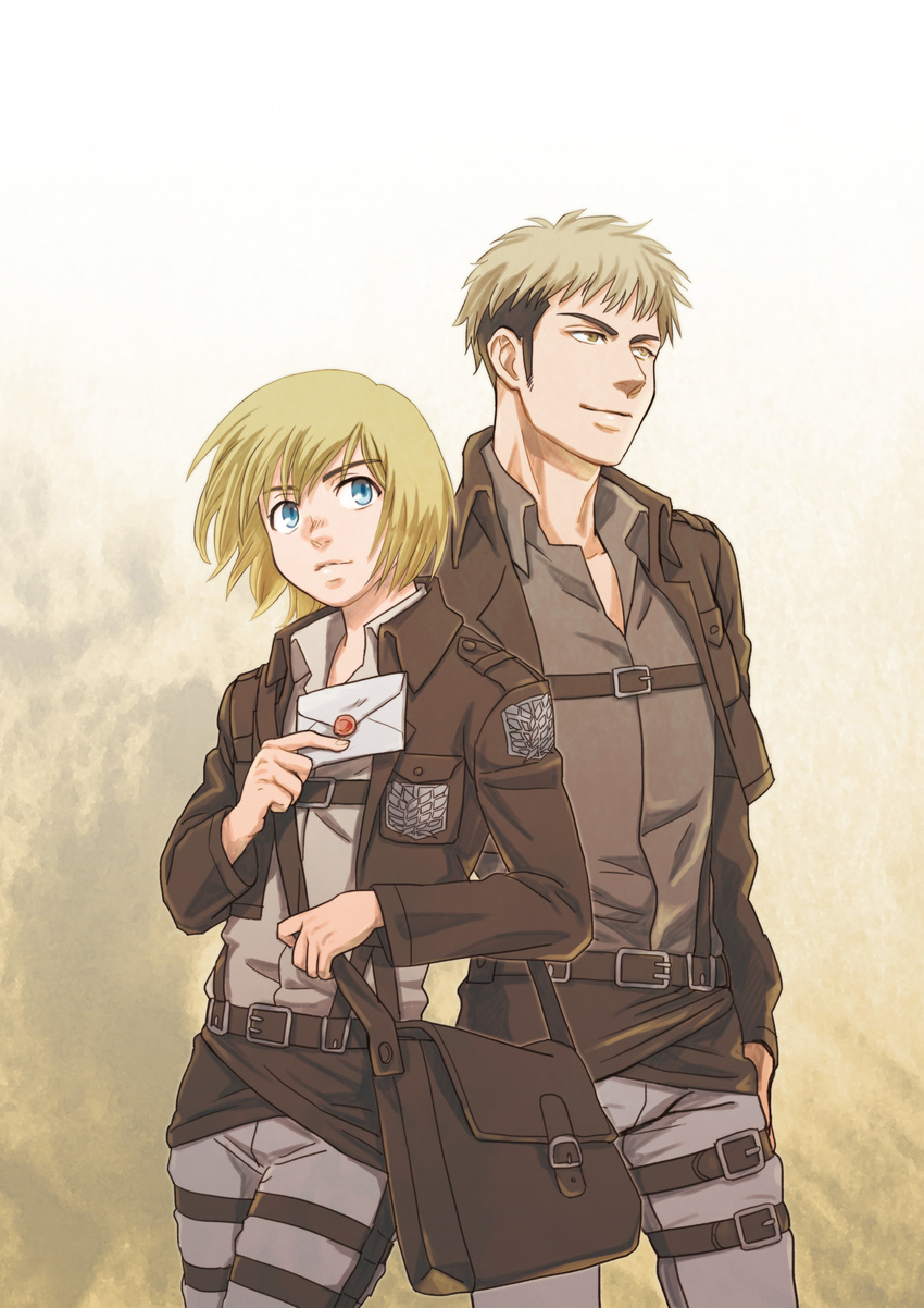 armin_arlert blonde_hair blue_eyes brown_eyes brown_hair emblem highres jacket jean_kirchstein letter multiple_boys paradis_military_uniform sasamaru_(sasamaru) shingeki_no_kyojin survey_corps_(emblem)