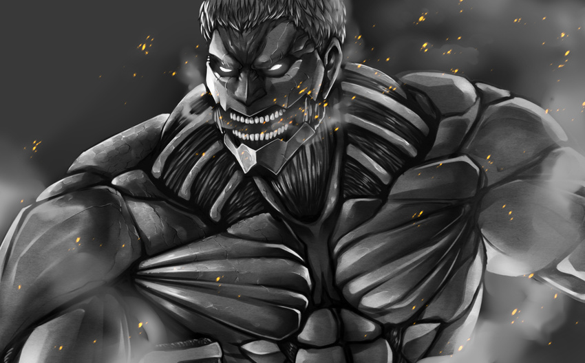 armored_titan giant monochrome monster muscle no_pupils open_mouth shingeki_no_kyojin solo