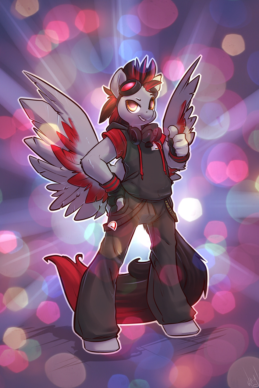 anthro atryl black_pants caliber cutie_mark equine eyewear gas_mask goggles grey_feathers grey_skin hi_res hoodie invalid_color lens_flare male mammal my_little_pony original_character pegasus polka_dots_background red_feathers solo standing wings