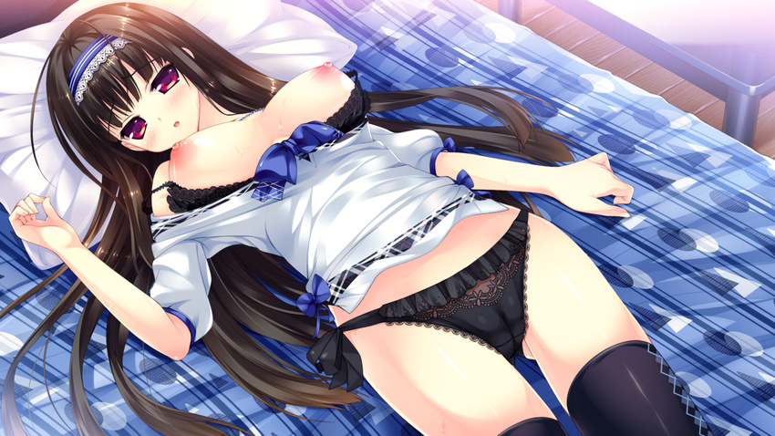 black_hair blush breasts cameltoe game_cg hoshi_no_ne_sanctuary long_hair marmalade naruse_hirofumi panties red_eyes shinryouji_hisui thighhighs underwear wet