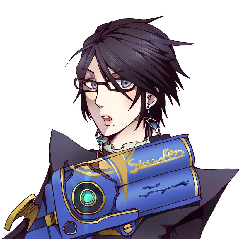 1girl aratano bayonetta bayonetta_(character) bayonetta_2 glasses gun highres lipstick makeup short_hair weapon