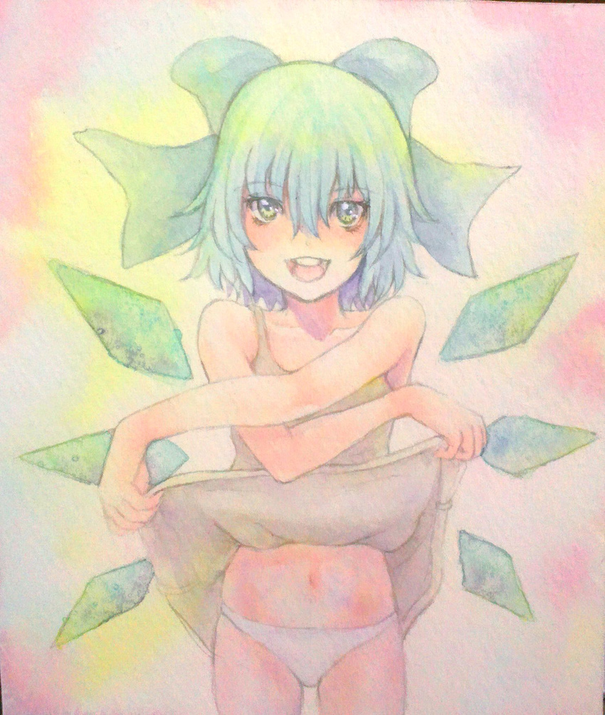 blue_eyes blue_hair bow cirno crossed_arms dress dress_lift hair_bow highres ice ice_wings navel open_mouth panties sleeveless sleeveless_dress smile teeth touhou traditional_media underwear watercolor_(medium) wings yuyu_(00365676)