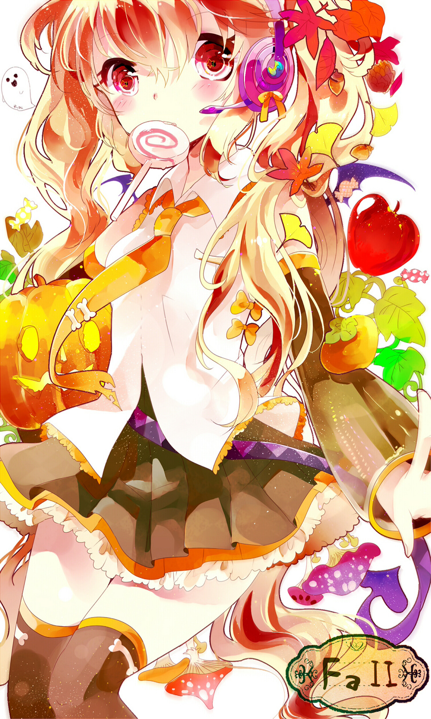 acorn apple candy detached_sleeves eating food fruit hatsune_miku headset highres jack-o'-lantern leaf lollipop long_hair mouth_hold mushroom necktie red_eyes remimim skirt solo swirl_lollipop thighhighs twintails vocaloid