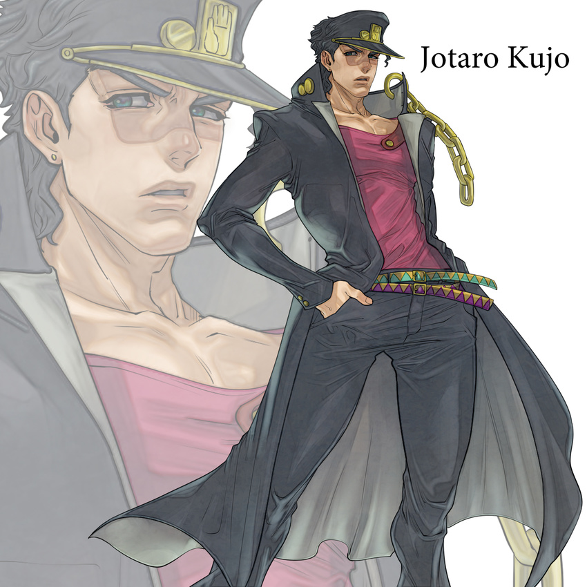 bad_id bad_pixiv_id black_hair blue_eyes chain character_name gakuran hat highres jojo_no_kimyou_na_bouken kuujou_joutarou long_coat school_uniform v-room zoom_layer