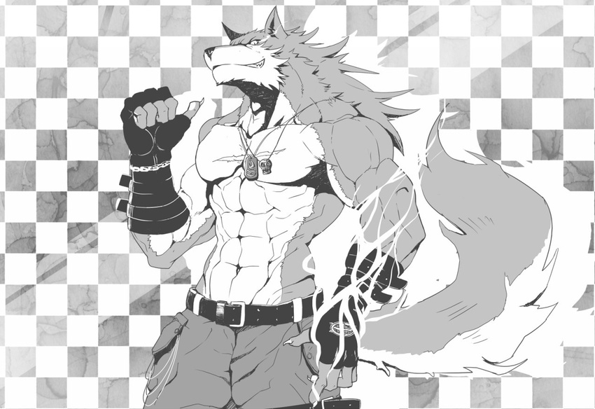 abs anthro belt biceps big_muscles canine claws clothed clothing fangs flexing fur gloves grin half-dressed male mammal monochrome muscles necklace pants pecs pose scar simon11028 smile solo standing teeth toned topless wolf