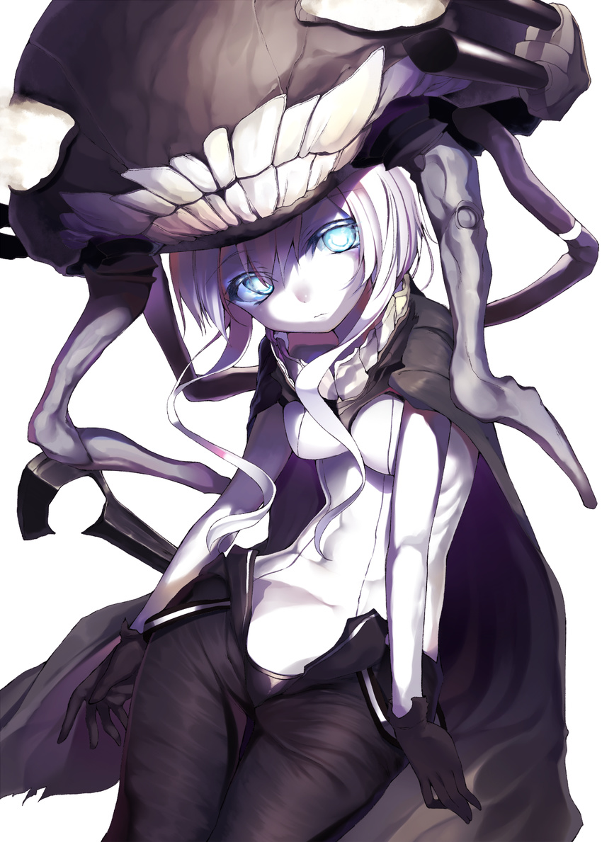 black_gloves blue_eyes bodysuit breasts cape gloves glowing glowing_eyes highres kantai_collection long_hair looking_at_viewer medium_breasts monster pale_skin shinkaisei-kan silver_hair solo wo-class_aircraft_carrier yuukyuu_ponzu