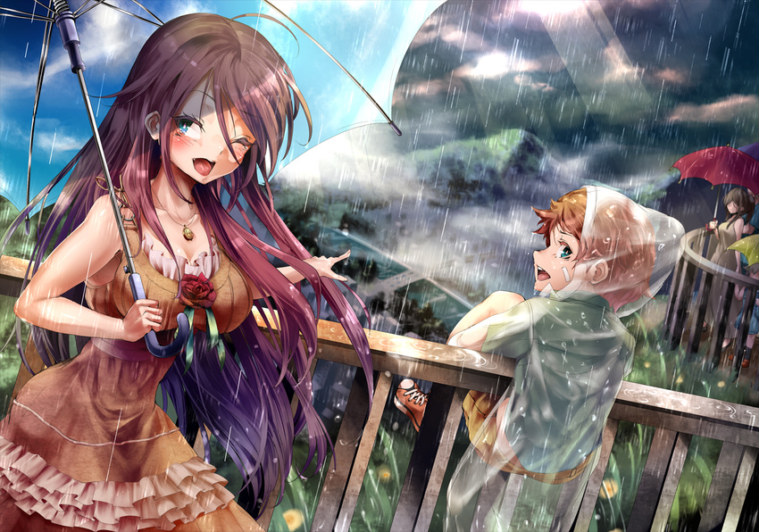 3girls blue_eyes brown_hair long_hair multiple_girls one_eye_closed original railing rain raincoat umbrella yana_(nekoarashi)