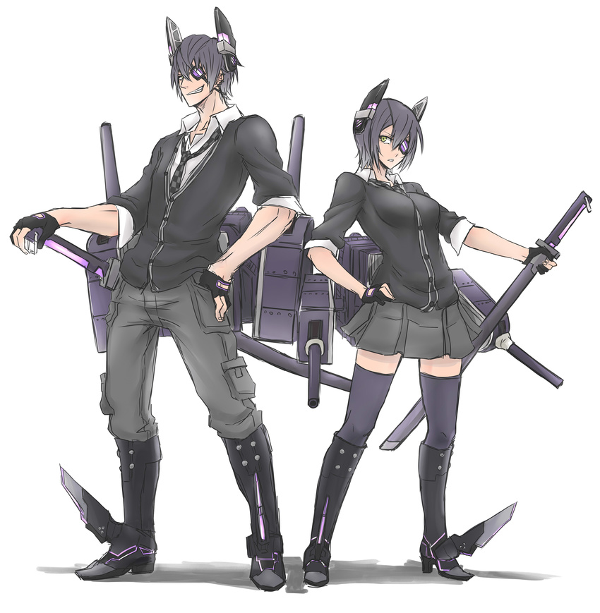 1girl 8page absurdres boots dual_persona eyepatch fingerless_gloves genderswap gloves grin hand_on_hip headgear highres kantai_collection machinery necktie personification purple_hair short_hair sketch smile sword tenryuu_(kantai_collection) thighhighs turret weapon yellow_eyes