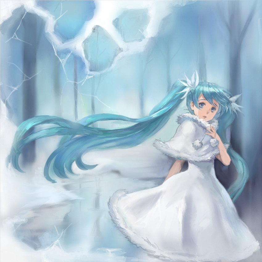 bad_id bad_pixiv_id blue_eyes blue_hair hatsune_miku highres long_hair ris solo tree twintails very_long_hair vocaloid winter