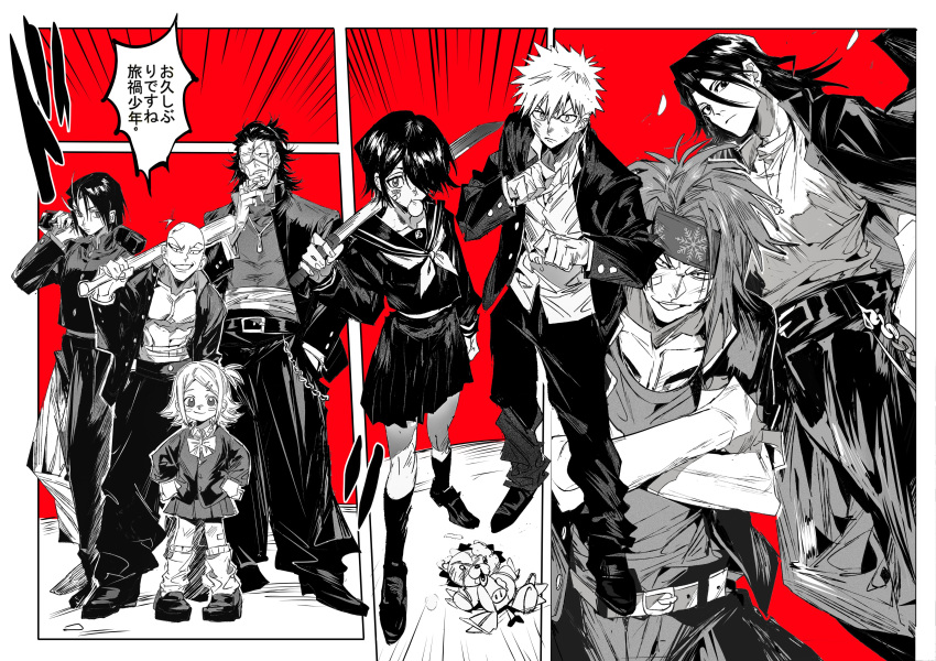 2girls 6+boys abarai_renji absurdres ayasegawa_yumichika bag bald bandaid bandaid_on_face baseball_bat belt bleach blowing_bubble_gum chain chest_tattoo chewing_gum child clenched_hand crossed_arms delinquent eyepatch greyscale_with_colored_background hand_in_pocket hand_on_own_chin hands_on_own_hips hashtag-only_commentary headband highres holding holding_bag holding_baseball_bat holding_sword holding_weapon jacket jacket_on_shoulders jewelry kon_(bleach) kuchiki_byakuya kuchiki_rukia kurosaki_ichigo kusajishi_yachiru looking_at_viewer madarame_ikkaku multiple_boys multiple_girls neck_ribbon necklace open_clothes open_jacket over_shoulder ribbon sailor_collar school_bag school_uniform skirt smile smirk spiked_hair sword tattoo undercut weapon weapon_over_shoulder wooden_sword xi_luo_an_ya zaraki_kenpachi