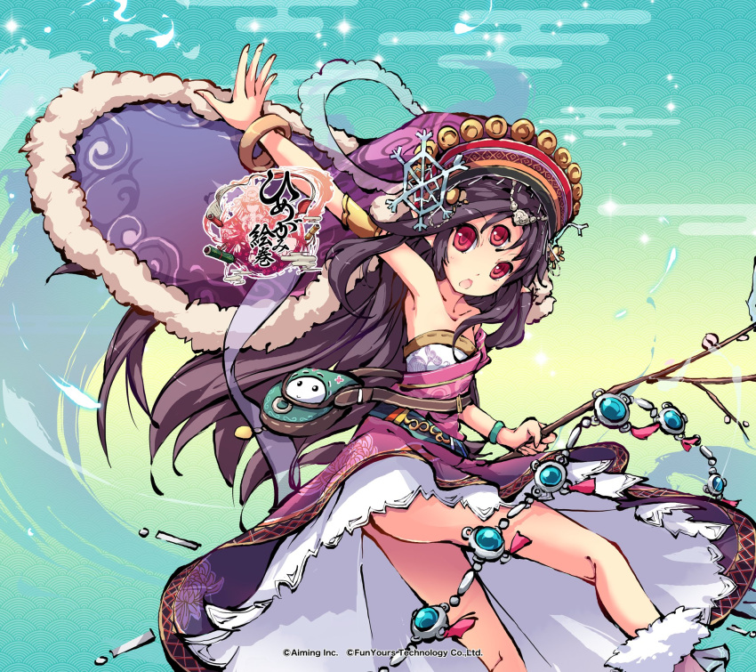 1girl arm_up bag bangle bare_shoulders boots bracelet branch collarbone commentary_request company_name copyright_logo copyright_name copyright_notice dress feet_out_of_frame flat_chest fur_trim green_bag highres himegami_kagura holding holding_branch jewelry logo long_hair looking_at_viewer ms06s official_art open_hand open_mouth outstretched_arm parted_bangs paruva_(himegami_kagura) pink_boots pink_hair red_eyes shoulder_bag sidelocks snowflakes solo strapless strapless_dress thighs third_eye