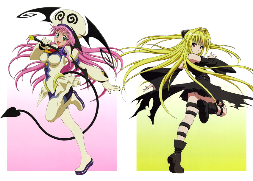 artist_request back-to-back blonde_hair bodysuit boots green_eyes highres konjiki_no_yami lala_satalin_deviluke leotard long_hair multiple_girls official_art peke pink_hair red_eyes thigh_strap to_love-ru twintails wand