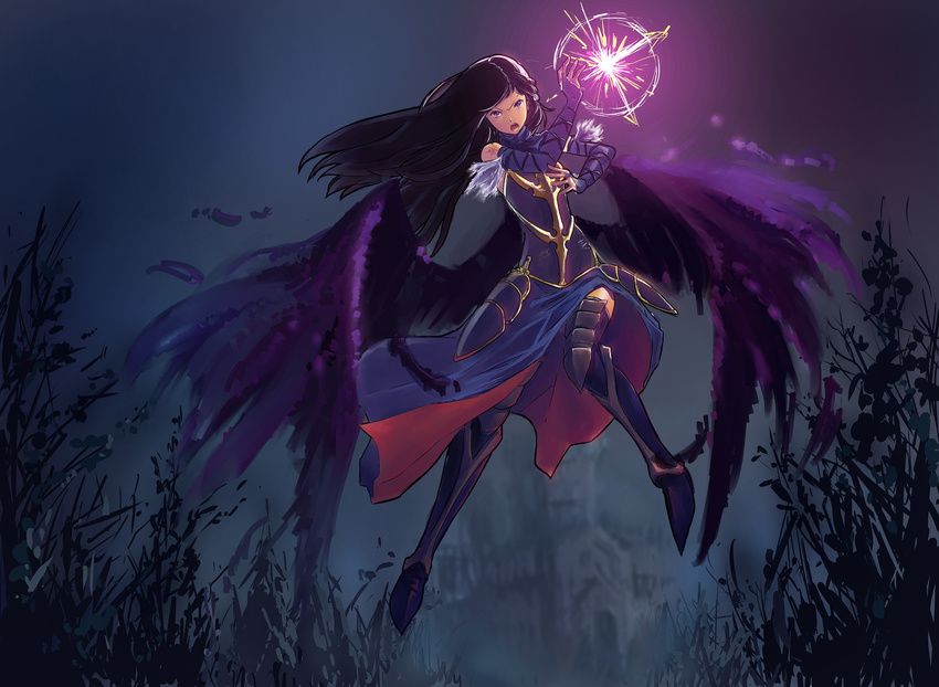 armor bare_shoulders black_hair black_wings boots castlevania castlevania:_order_of_ecclesia dress feathers long_hair magic shanoa solo thigh_boots thighhighs wings zeta_(hyperz)