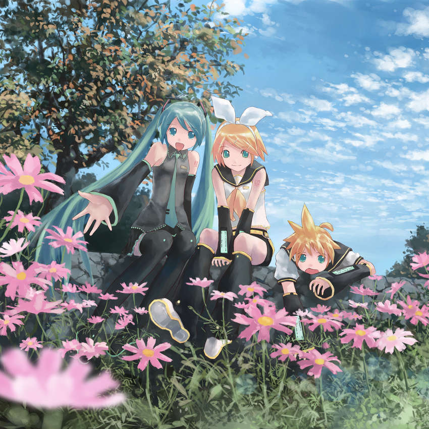2girls :d aqua_hair blurry cloud day depth_of_field detached_sleeves flower hatsune_miku highres isou_nagi kagamine_len kagamine_rin multiple_girls nature necktie open_mouth outstretched_arm outstretched_hand sitting sky smile thighhighs twintails vocaloid