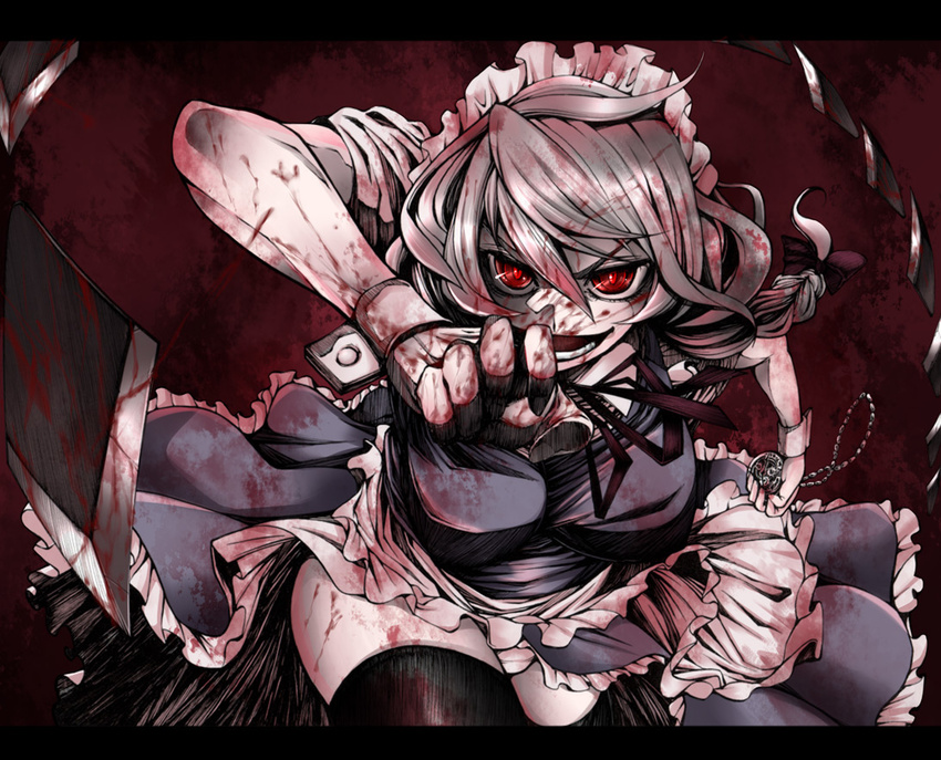 blood braid breasts colorized izayoi_sakuya large_breasts maid panties pocket_watch red_eyes shimo_(depthbomb) silver_hair solo thighhighs touhou twin_braids underwear uousa-ou watch