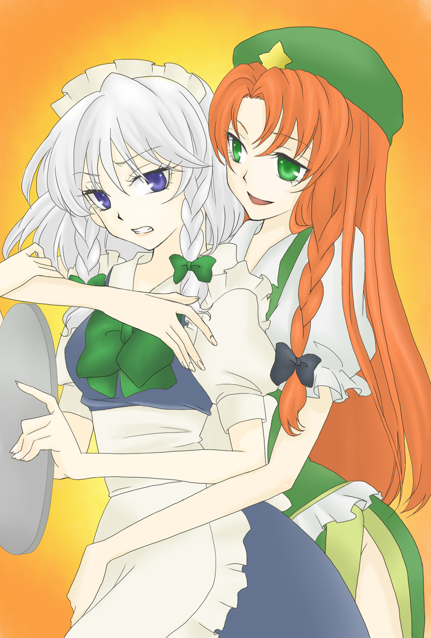 bad_id bad_pixiv_id blue_eyes green_eyes hairband hat highres hong_meiling hug izayoi_sakuya long_hair maid mitsuko multiple_girls red_hair ribbon short_hair silver_hair touhou