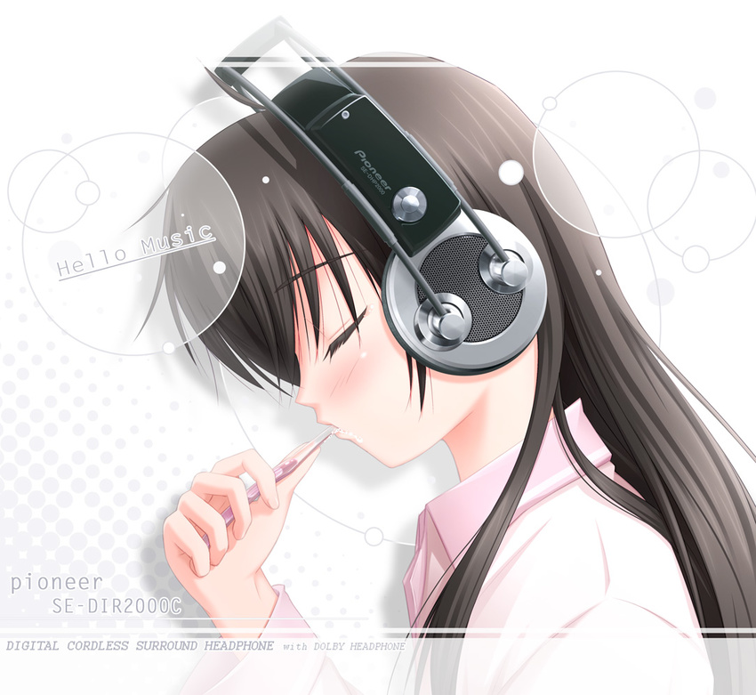 black_hair closed_eyes headphones long_hair ogata original solo toothbrush