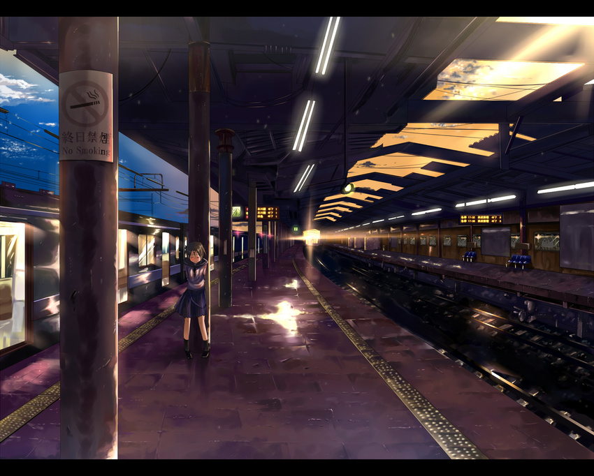 arms_behind_back bad_id bad_pixiv_id dusk ground_vehicle highres kirisame_marisa leaning original real_world_location reflection ryouma_(galley) school_uniform serafuku shinjuku skirt solo standing tactile_paving tokyo_(city) touhou train train_station yukkuri_shiteitte_ne