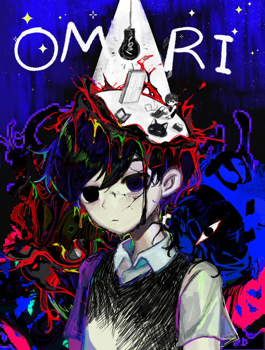 2boys @_@ absurdres animal arms_at_sides bags_under_eyes black_background black_cat black_eyes black_hair black_sweater_vest black_tank_top blue_background bon_rinbasu cat closed_mouth collared_shirt colored_skin commentary computer copyright_name door double-parted_bangs dual_persona empty_eyes full_body hair_behind_ear hair_between_eyes hatching_(texture) highres knees_up laptop light_bulb light_frown looking_ahead looking_at_viewer male_focus mewo multiple_boys no_pupils omori omori_(omori) shirt short_hair short_sleeves simple_background sitting solo_focus something_(omori) sparkle_background sunny_(omori) sweater_vest tank_top tissue_box upper_body very_short_hair white_shirt white_skin