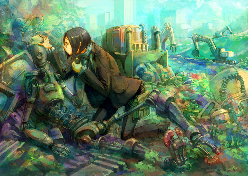 asterisk_kome bag black_hair broken bulldozer excavator frilled_sleeves frills glasses highres jacket junk junkyard kneeling original pants phone robot short_hair television yellow_eyes