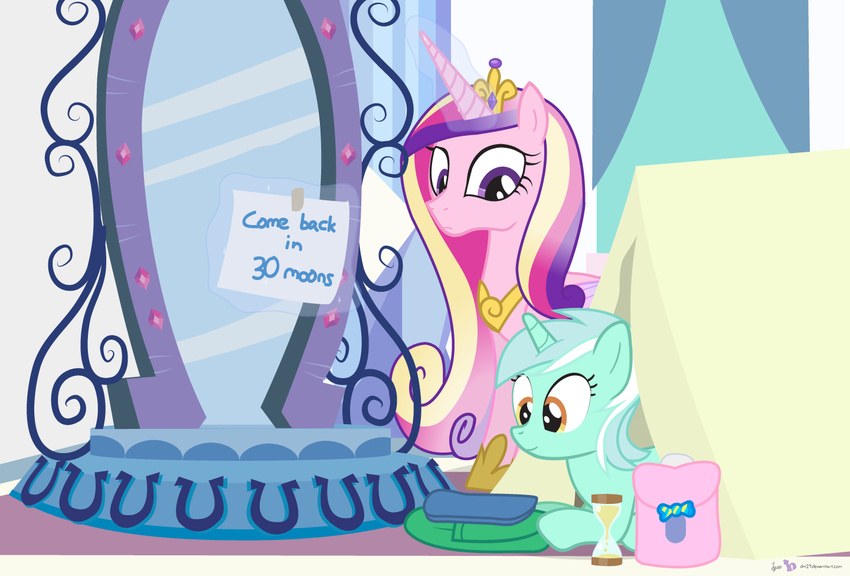 bag dm29 duo english_text equine female feral friendship_is_magic frown fur green_fur hair horn horse inside long_hair lying lyra_(mlp) lyra_heartstrings_(mlp) magic mammal mirror multi-colored_hair my_little_pony note pony princess_cadance_(mlp) purple_eyes royalty smile tape tent text two_tone_hair unicorn winged_unicorn wings yellow_eyes