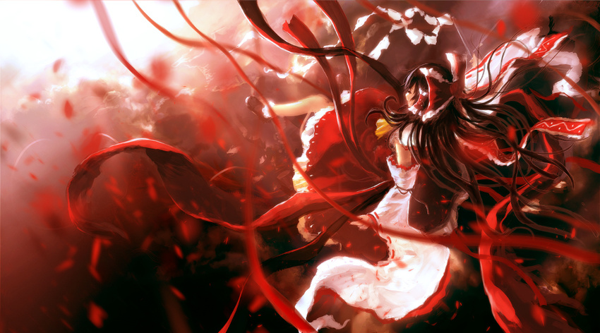 above_clouds ascot back bangs blush bow brown_hair cloud cloudy_sky detached_sleeves floating_hair flying from_above from_behind gohei hair_bow hair_tubes hakurei_reimu holding iori_yakatabako long_hair profile red_bow red_ribbon ribbon skirt sky solo sun sunlight touhou very_long_hair wide_sleeves