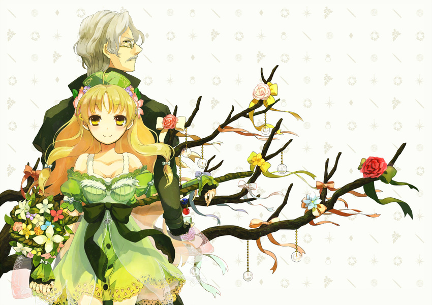 1girl 38kb_(38shiki) age_difference atelier_(series) atelier_ayesha ayesha_altugle back-to-back blonde_hair blush bow branch dress facial_hair flower glasses gloves green_skirt grey_hair hair_bow hair_flower hair_ornament hands_clasped hat holding_hand holding_hands keithgrif_hazeldine long_hair looking_back mustache ornament own_hands_together profile red_flower red_rose ribbon rose skirt smile tree_branch yellow_eyes