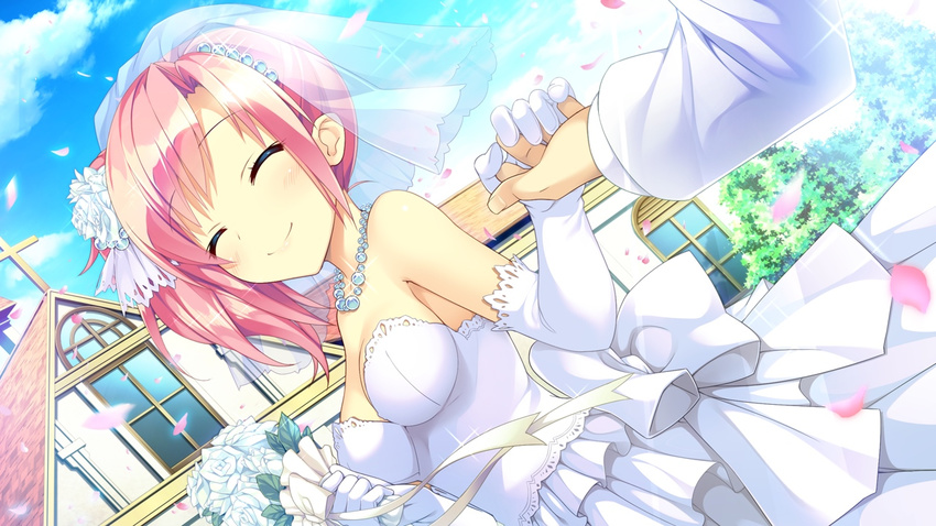 1girl church cloud clouds cross dress elbow_gloves eyes_closed flower game_cg gloves headdress jewelry koba_kasumi koi_saku_miyako_ni_ai_no_yakusoku_wo_~annaffiare~ natsume_eri necklace petals pink_hair ribbon ribbons short_hair sky tree wedding_dress