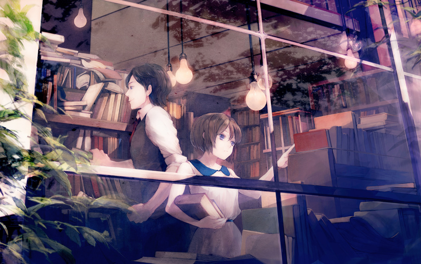 1girl black_hair blue_eyes book bookshelf brown_hair dress from_outside highres holding holding_book li-e library light_bulb original plant purple_eyes vest window