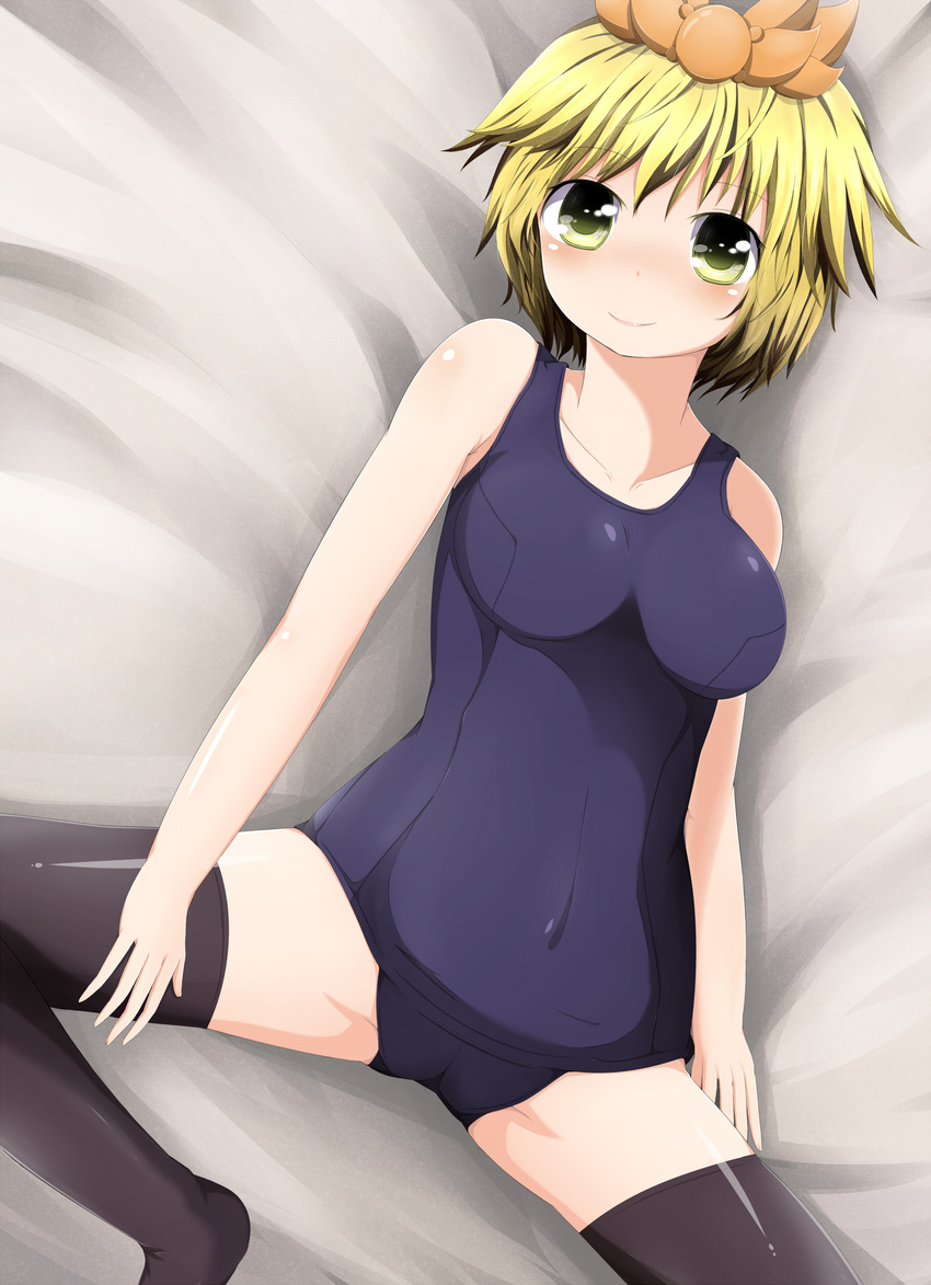 absurdres bad_id bad_pixiv_id black_legwear blonde_hair blush breasts crotch hair_ornament highres large_breasts masa_masa one-piece_swimsuit school_swimsuit skin_tight solo swimsuit thighhighs toramaru_shou touhou yellow_eyes