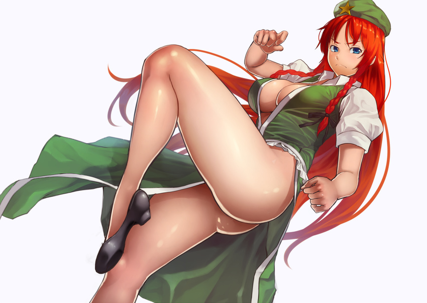 bare_legs beret blue_eyes bottomless braid breasts china_dress chinese_clothes cleavage dress hat hong_meiling large_breasts legs long_hair looking_at_viewer red_hair shoes simple_background solo star thick_thighs thighs tkln touhou twin_braids very_long_hair