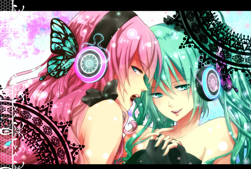 blue_eyes butterfly green_eyes green_hair hatsune_miku headphones magnet_(vocaloid) megurine_luka pink_hair vocaloid