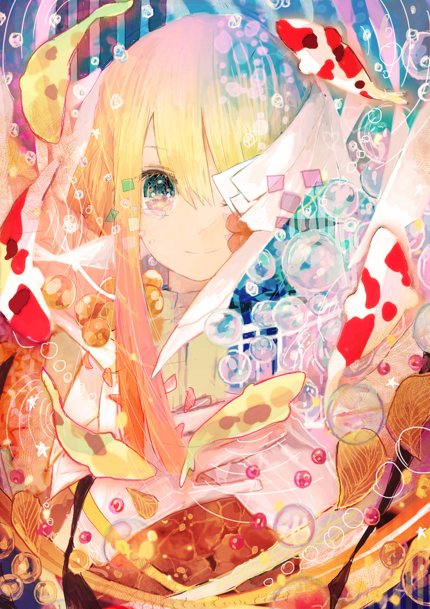 bandages blonde_hair bubble colorful eyelashes fish gradient_hair hands_on_own_chest highres kazuka koi leaf long_hair looking_at_viewer multicolored multicolored_eyes multicolored_hair one_eye_covered orange_hair original pink_hair smile solo third-party_edit upper_body