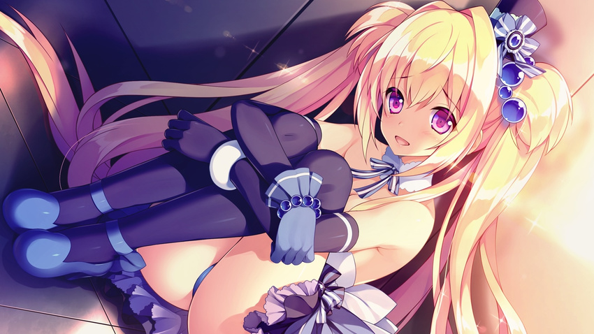 1girl blonde_hair choker elbow_gloves game_cg gloves hat koi_saku_miyako_ni_ai_no_yakusoku_wo_~annaffiare~ long_hair natsume_eri panties pantyshot purple_eyes skirt solo thighhighs tsuji_kokoro twintails underwear upskirt