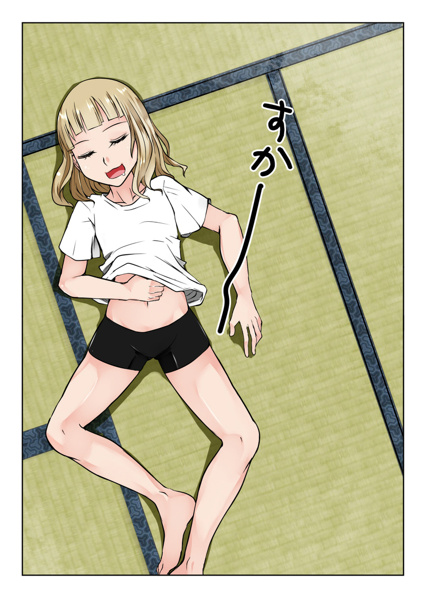 aoshima barefoot bike_shorts blonde_hair drooling hand_on_own_stomach highres hungry lying navel on_back on_floor oomuro_sakurako open_mouth scratching shirt short_hair sleeping sleepwear solo spread_legs stomach stomach_growling tatami white_shirt yuru_yuri