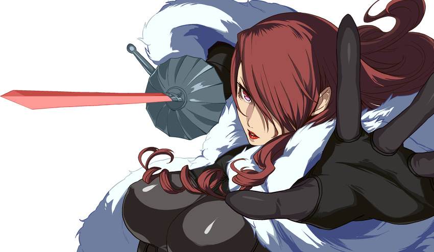absurdres artist_request drill_hair fur_coat hair_over_one_eye highres kirijou_mitsuru long_hair non-web_source official_art persona persona_3 persona_4:_the_ultimate_in_mayonaka_arena purple_eyes rapier red_hair solo sword transparent_background weapon