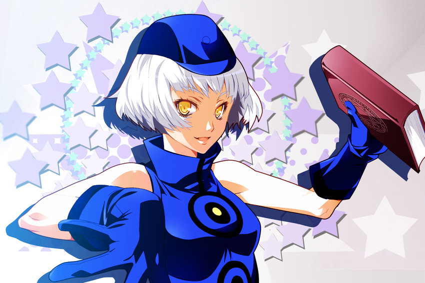 bad_id bad_pixiv_id bare_shoulders book dress elizabeth_(persona) gloves hat highres nyoro_(nyoronyoro000) persona persona_3 short_hair sleeveless sleeveless_dress smile solo white_hair yellow_eyes