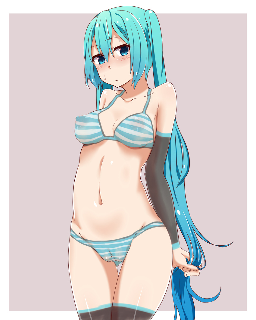 aqua_eyes aqua_hair bad_id bad_pixiv_id blush bodypaint breasts detached_sleeves hatsune_miku highres jaku_denpa long_hair medium_breasts naked_paint navel nipples nude painted_clothes panties pussy solo striped striped_panties sweat thighhighs twintails underwear very_long_hair vocaloid