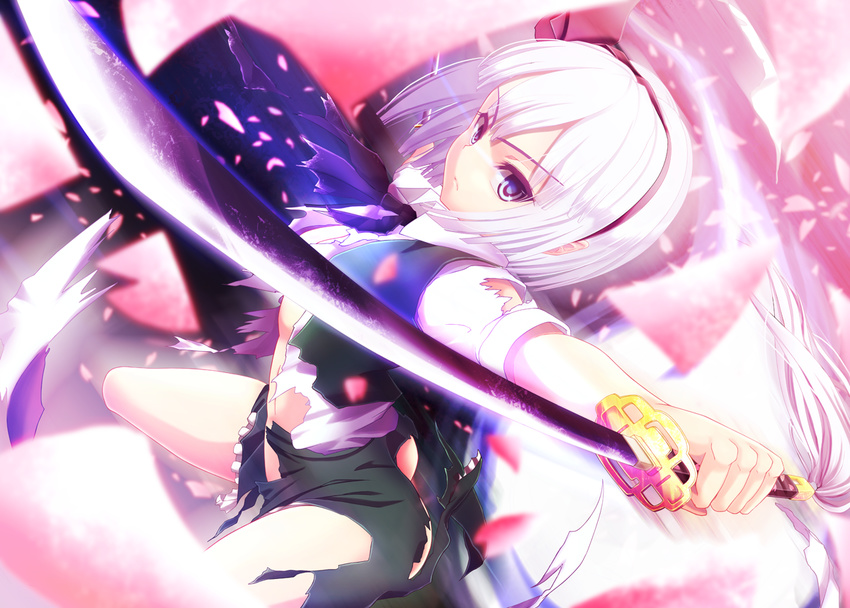black_hairband blue_eyes convenient_censoring dual_wielding hairband holding konpaku_youmu outstretched_arms petals shirt short_hair silver_hair skirt skirt_set solo spread_arms sword torn_clothes torn_shirt torn_skirt touhou vest weapon windfeathers
