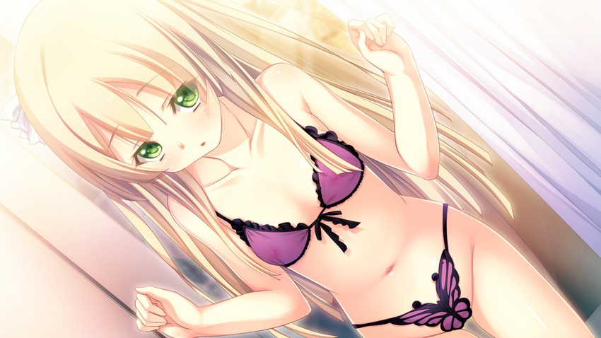 1girl areolae bare_shoulders blonde_hair bra breasts curtains game_cg green_eyes highres innocent_bullet:_the_false_world long_hair looking_at_viewer navel nipples oosaki_shin'ya oosaki_shin'ya panties see-through small_breasts solo standing underwear