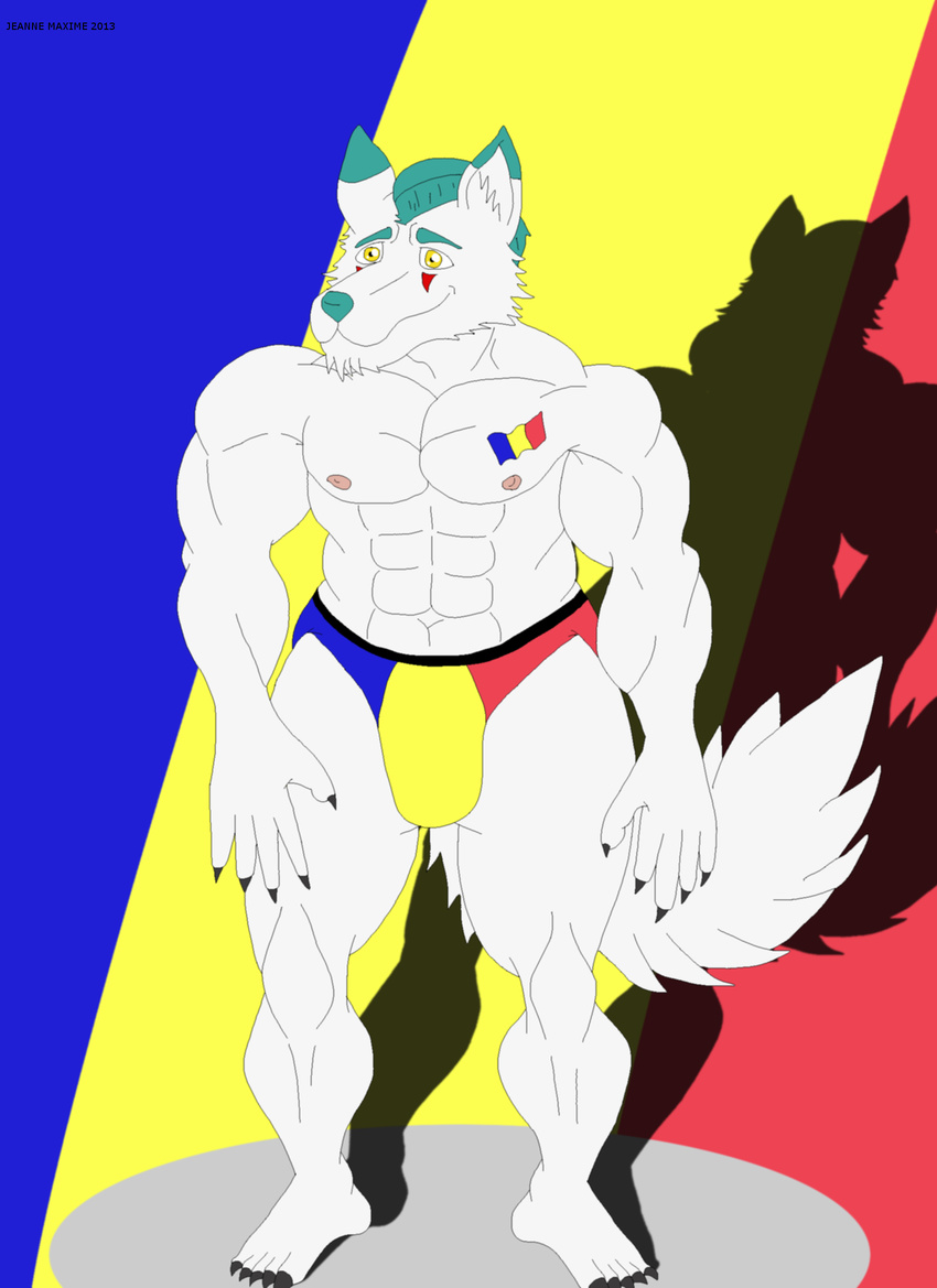 2013 abs anthro arkantos artic_fox biceps bodybuilder canine claws clothing fox fur hair helloxd looking_at_viewer male maxime-jeanne muscles nipples pecs pose romania smile solo standing