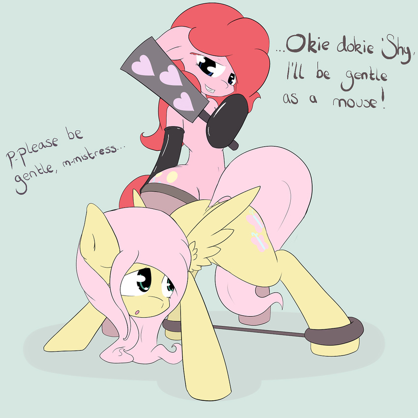 anthro anthrofied bdsm blue_eyes bondage bound cutie_mark domination duo english_text equine female female_domination feral flat_chested fluttershy_(mlp) friendship_is_magic fur hair horse long_hair mammal mistress my_little_pony pegasus pet pink_fur pink_hair pinkie_pie_(mlp) plain_background pony smile spanking spreader_bar standing submissive tesslashy text wide_hips wings yellow_fur