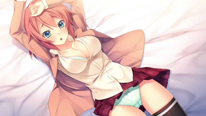 1girl arms_up bed blue_eyes blush breasts cameltoe cleavage game_cg highres innocent_bullet innocent_bullet:_the_false_world large_breasts legs lying oosaki_shin'ya oosaki_shin'ya open_clothes open_mouth open_shirt panties pantyshot red_hair school_uniform shirt short_hair skirt solo thighs underwear upskirt white_panties