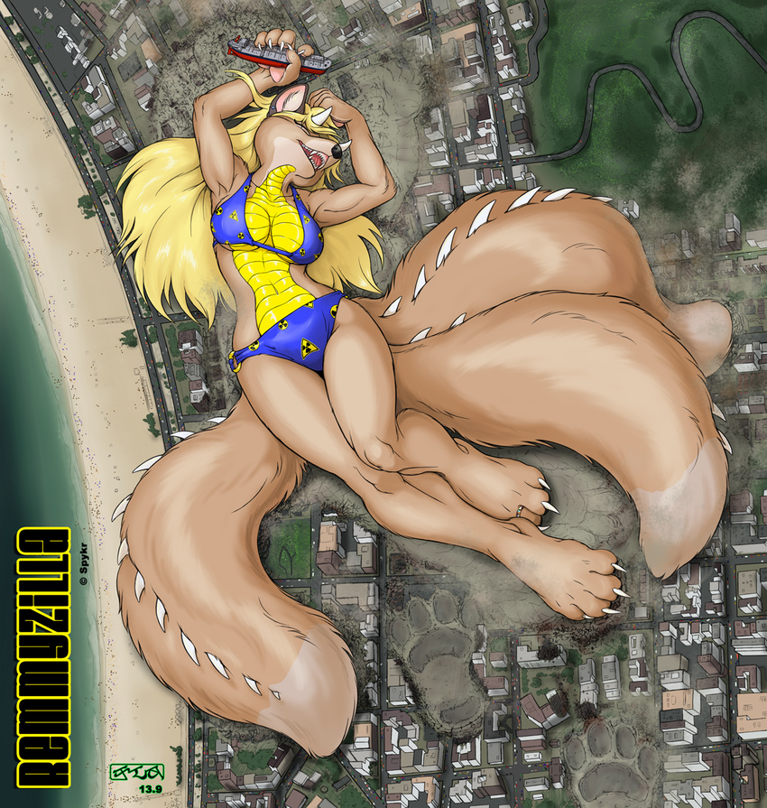 battleship beach bikini blonde_hair canine city claws coyote ear_piercing eyes_closed fangs female fluffy_tail fur hair horn hybrid ken_sample lying macro mammal multiple_tails on_back open_mouth outside piercing radioactive remmyzilla seaside solo spikes swimsuit tan_fur toe_claws toe_ring yellow_scales