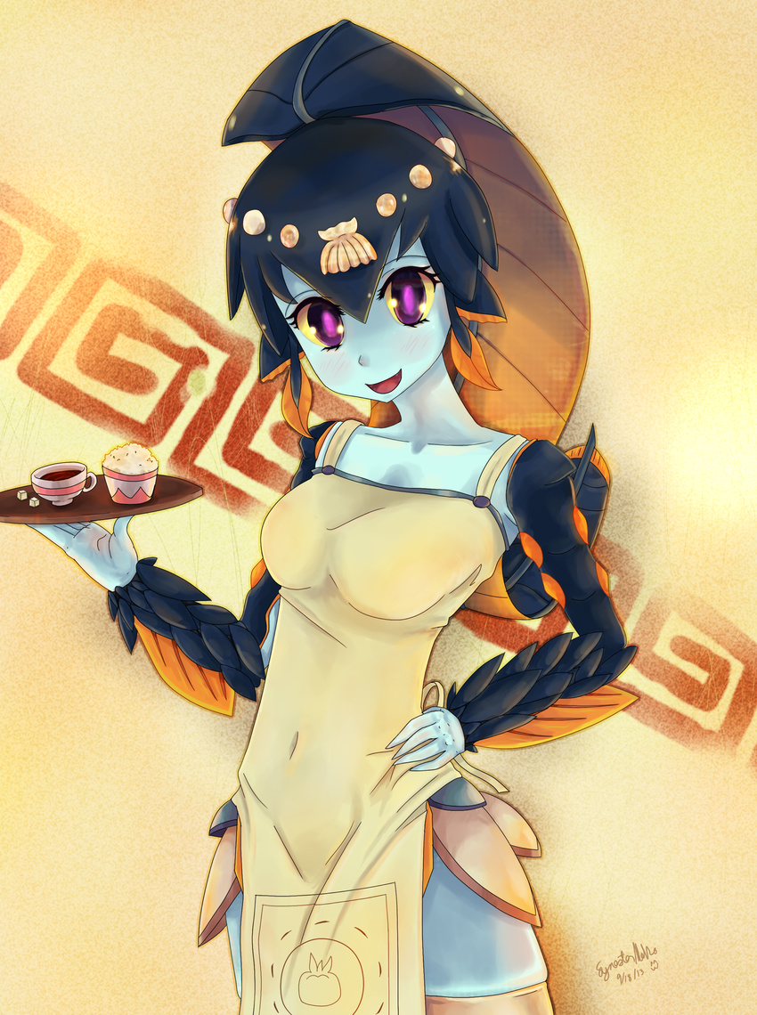 absurdres apron bangs blue_skin blunt_bangs blush breasts fish_girl food hair_ornament head_fins highres medium_breasts minette_(skullgirls) monster_girl pink_eyes rice scales shell skindentation skullgirls smile solo synesterneko thighhighs waitress yellow_sclera