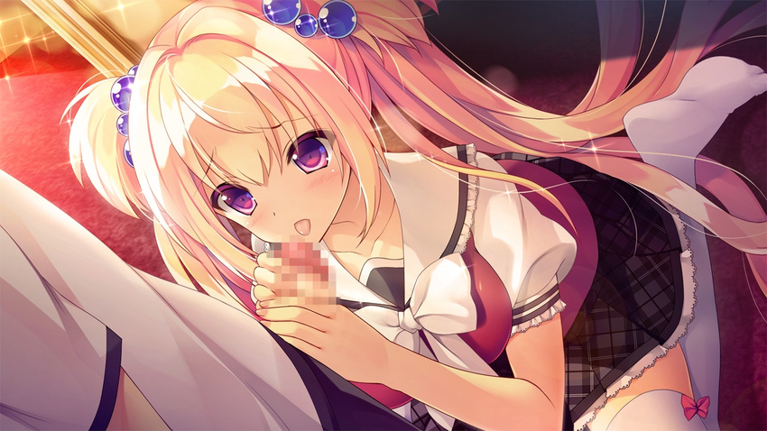 1girl blonde_hair blush bow censored game_cg koi_saku_miyako_ni_ai_no_yakusoku_wo_~annaffiare~ long_hair natsume_eri penis purple_eyes school_uniform seifuku skirt thighhighs tsuji_kokoro twintails