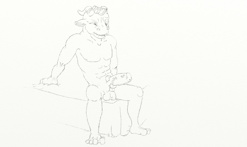anthro balls bed biting_lip drawing greyscale horn invalid_color knotta_(artist) line_art male masturbation monochrome muscles penis plain_background reptile reptilian scalie sitting vein white_background wince