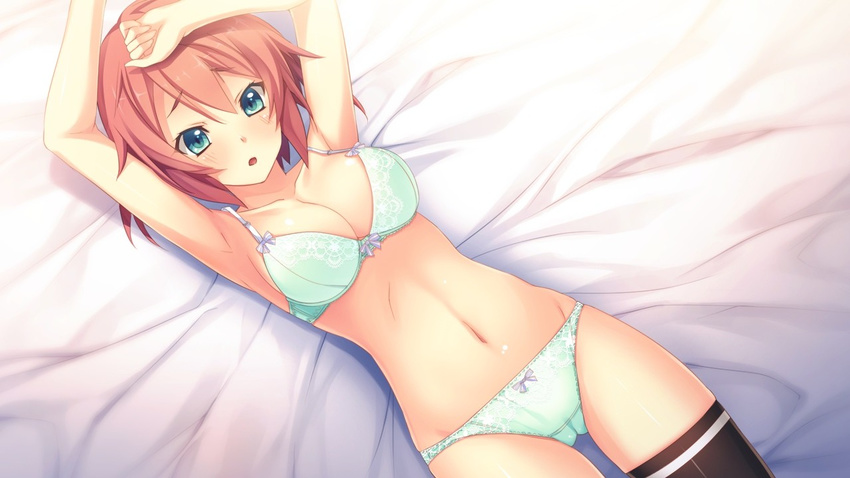 1girl armpits arms_up bed blue_eyes blush bra breasts cameltoe game_cg highres hips innocent_bullet innocent_bullet:_the_false_world large_breasts lying navel oosaki_shin'ya oosaki_shin'ya panties red_hair short_hair solo underwear