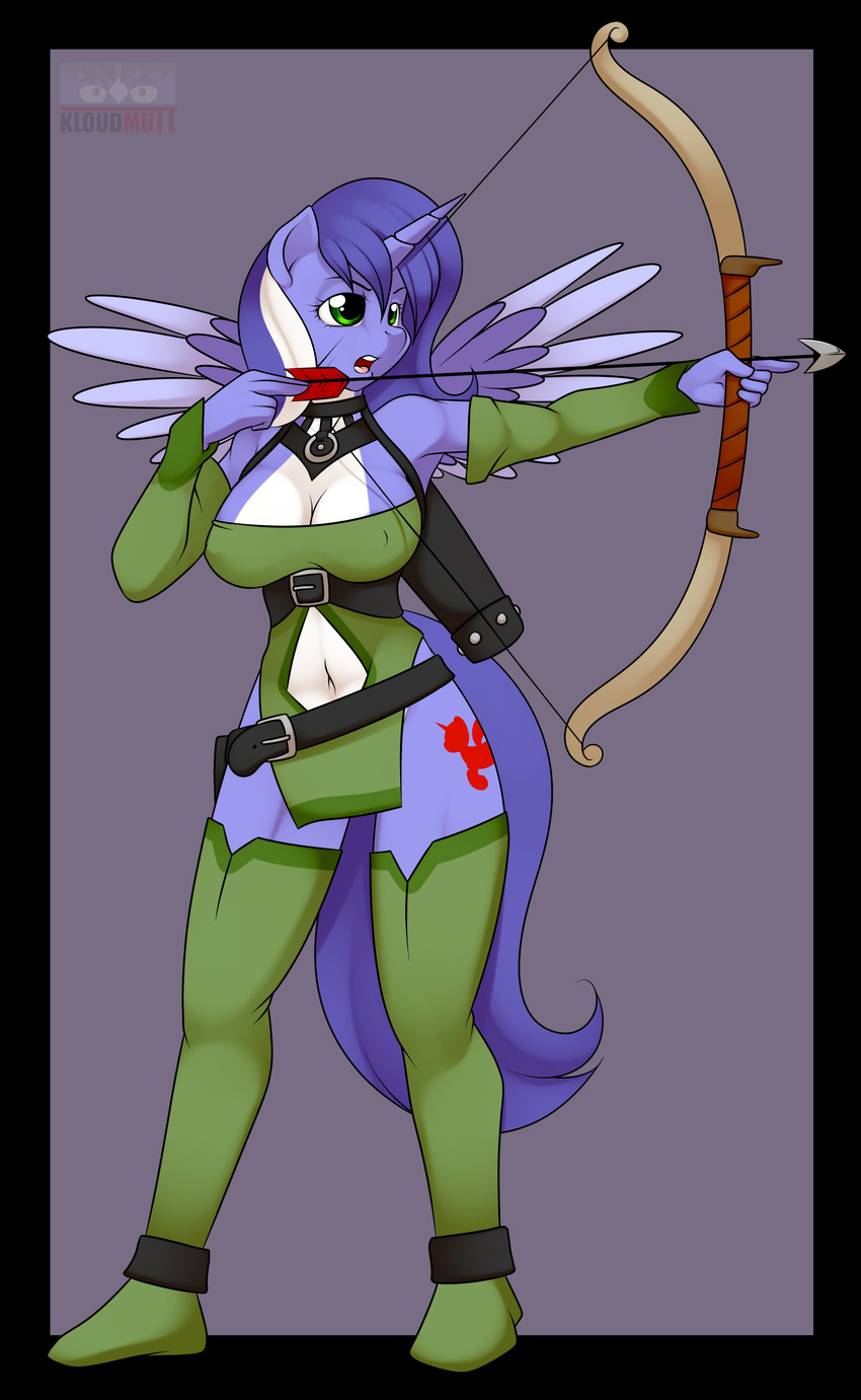 anthro arrow blue_hair bow bow_(weapon) bow_and_arrow breasts cleavage clothed clothing cutie_mark equine female green_eyes hair horn horse kloudmutt mammal mariah_wolves_(mlp) my_little_pony navel plain_background pony ranged_weapon solo standing two_tone_hair weapon white_hair winged_unicorn wings