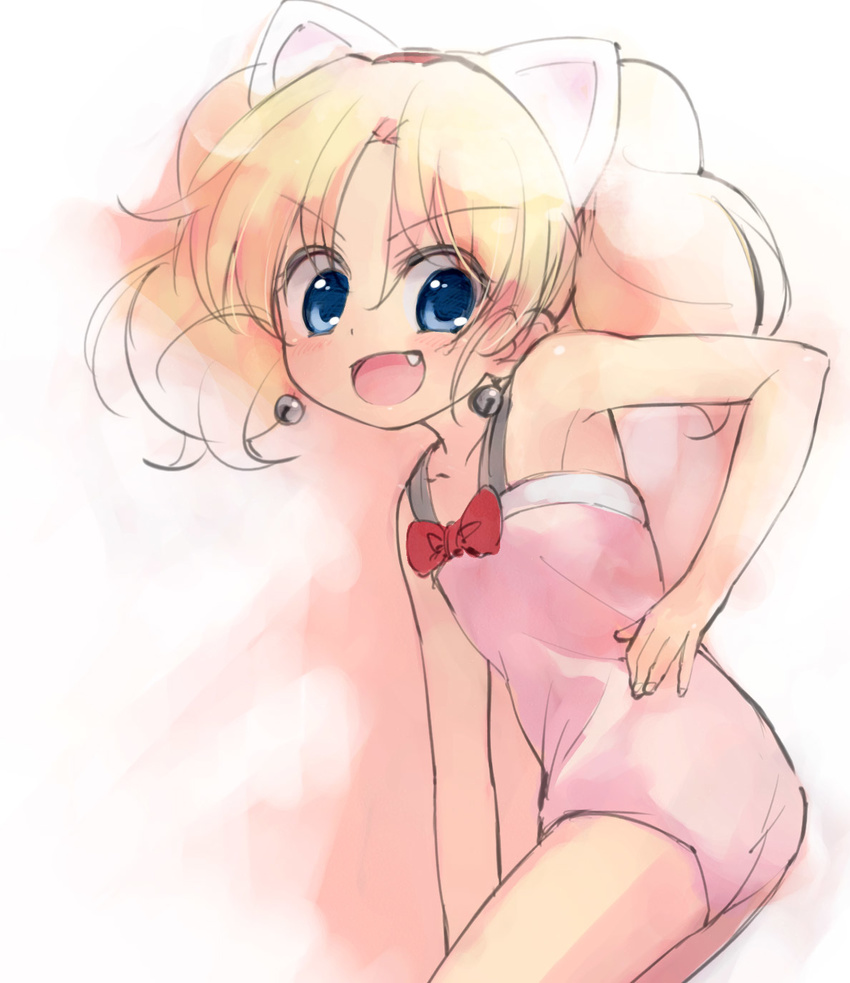 :d animal_ears armpits ass bangs bell blonde_hair blue_eyes blush bow casual_one-piece_swimsuit cat_ears cowboy_shot earrings fang flat_chest from_side hairband hand_on_hip happy highres jewelpet_(series) jewelpet_twinkle jewelry jingle_bell jingle_bell_earrings leaning_forward looking_at_viewer looking_back miria_marigold_mackenzie nyama one-piece_swimsuit open_mouth parted_bangs pink_swimsuit short_hair short_twintails sketch smile solo swimsuit twintails